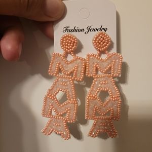 Mama beaded earrings pink and white